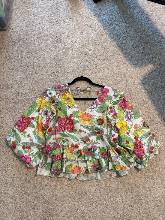 Love The Label Tops - Floral Ruffle Peplum Blouse in White with Pink, Yellow & Green